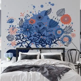 Blue and Orange Floral Illustration with Deers and Line Art Wallpaper, Blue Tones Peel and Stick Wall Mural