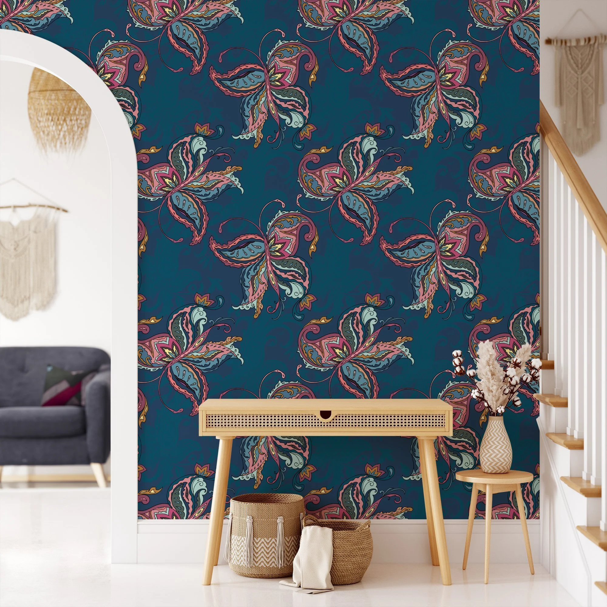 Abstract Paisley Style Butterflies Pattern Wallpaper, Mystical Butterfly Fantasy Peel & Stick Wall Mural