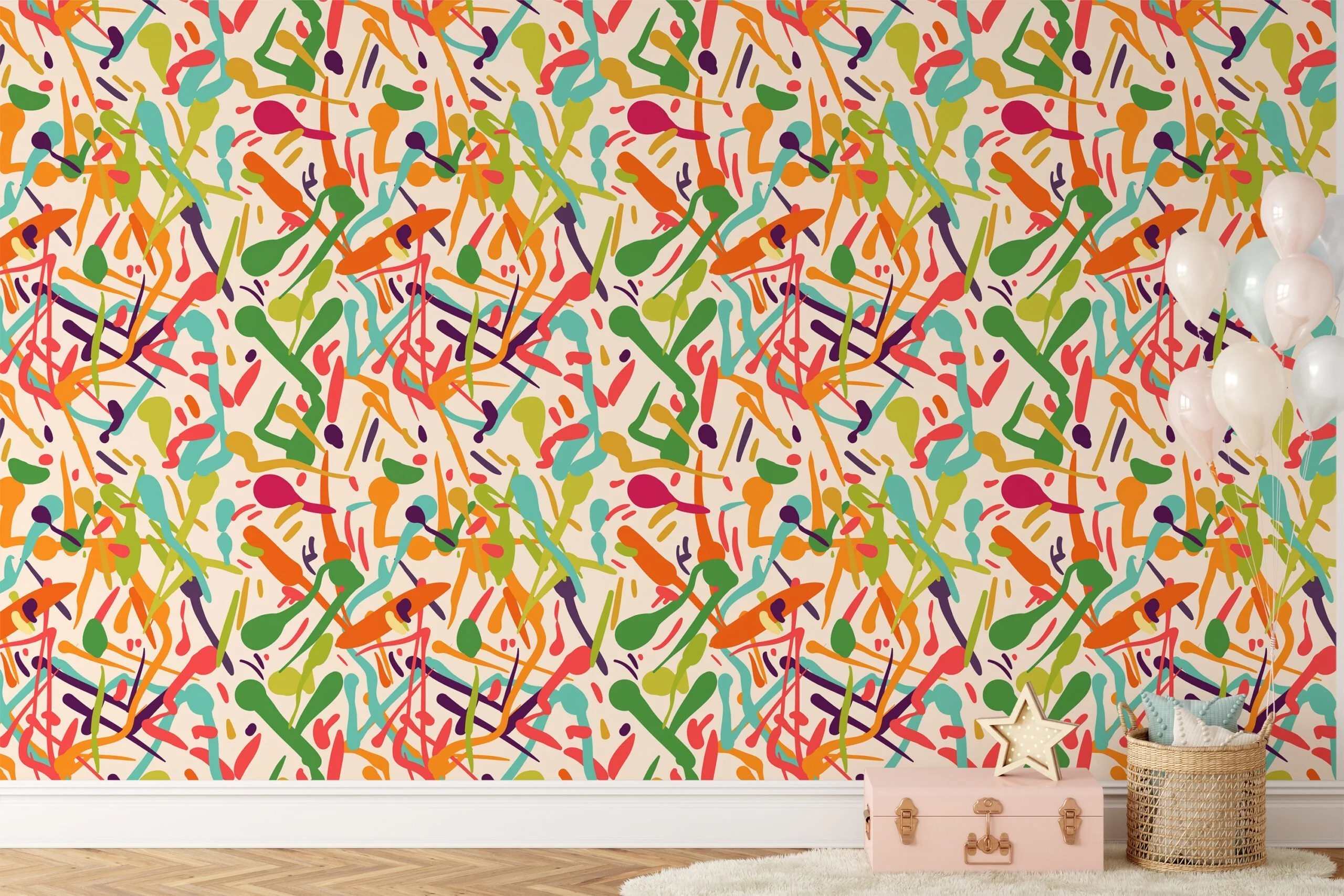 Vibrant Abstract Shapes Wallpaper, Multicolor Peel and Stick Wallpaper, Dynamic Pattern Self Adhesive Wall Mural