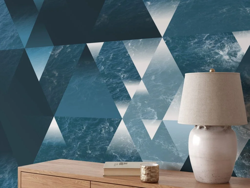 Geometric Illustration with Ocean Background Wallpaper, Ocean Meets Cliff Geometric Design Peel & Stick Wall Mural