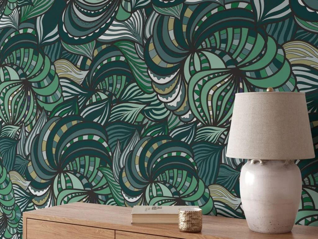 Dark Green Abstract Swirls Illustration Wallpaper, Lush Greenery Peel and Stick Wallpaper, Nature-Inspired Wall Mural