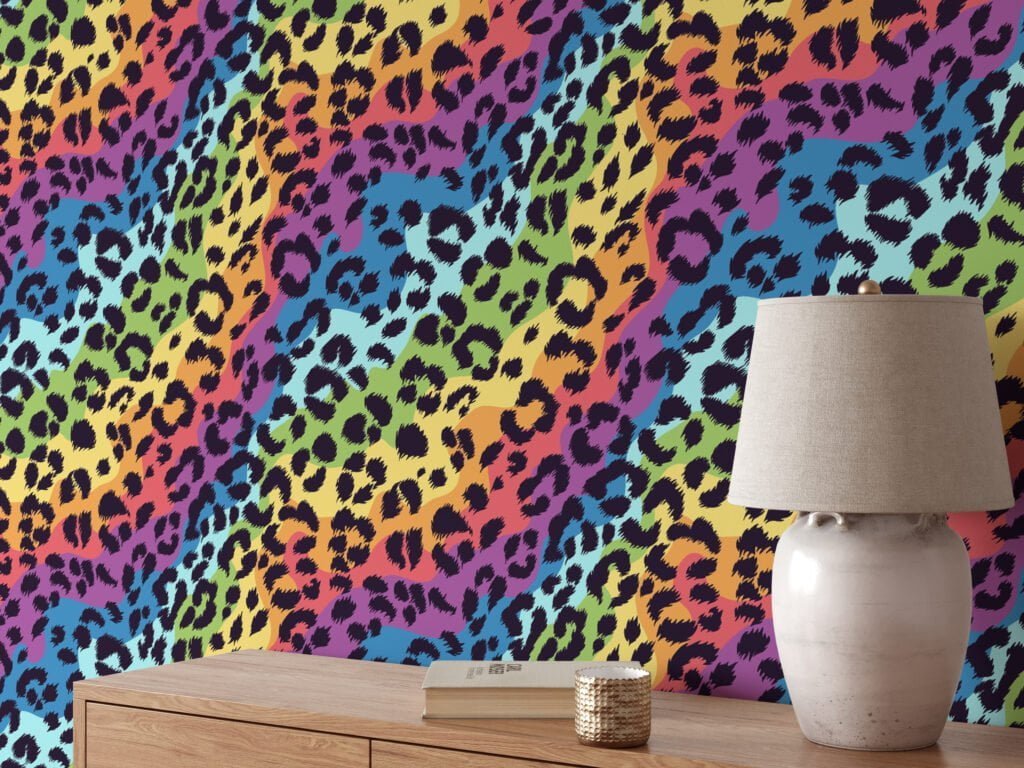 Abstract Bright Colors Leopard Pattern Wallpaper, Colorful Animal Pattern Design Peel & Stick Wall Mural
