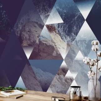 Geometric Abstract Wallpaper with Mountains and Ocean, Triangular Design Peel & Stick Wall Mural