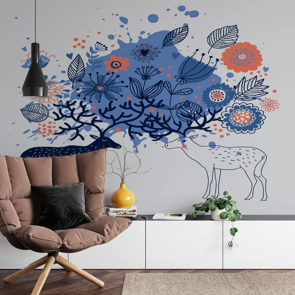 Blue and Orange Floral Illustration with Deers and Line Art Wallpaper, Blue Tones Peel and Stick Wall Mural