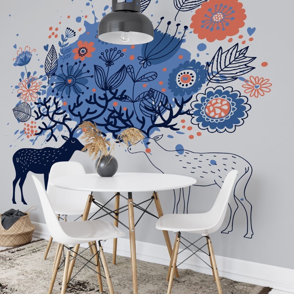 Blue and Orange Floral Illustration with Deers and Line Art Wallpaper, Blue Tones Peel and Stick Wall Mural