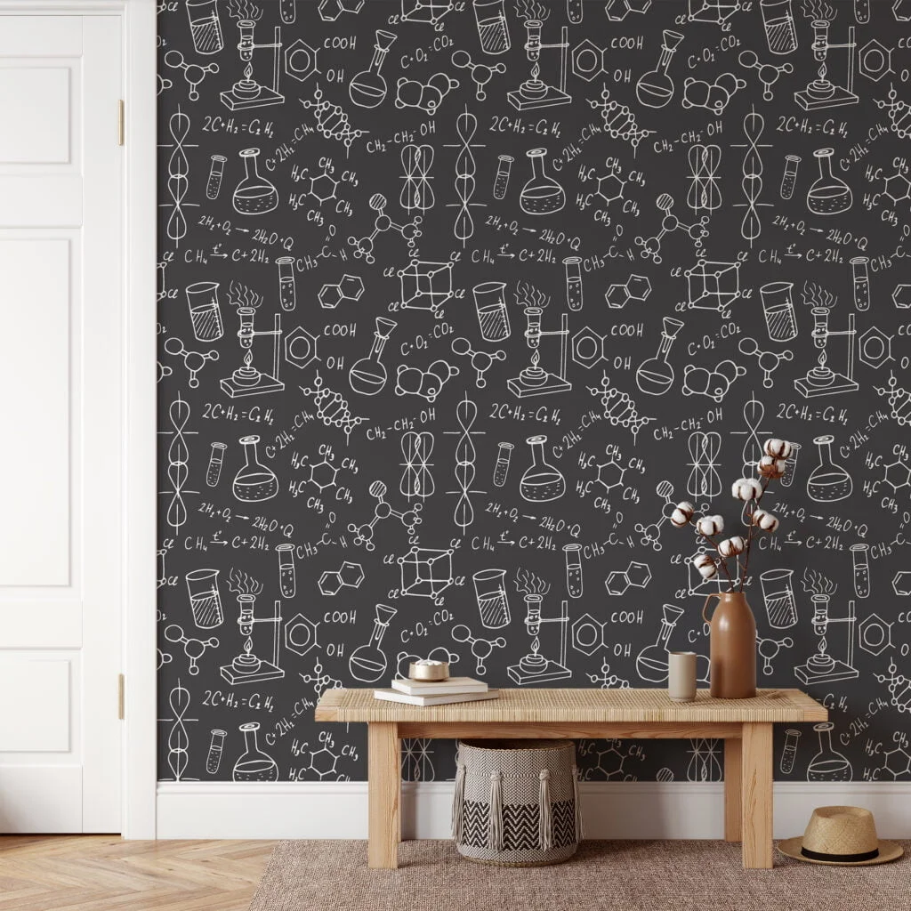 Chalkboard With Chemistry Notes Illustration Wallpaper, Chemistry Lab Design Wallpaper, Science Themed Peel and Stick Wall Mural