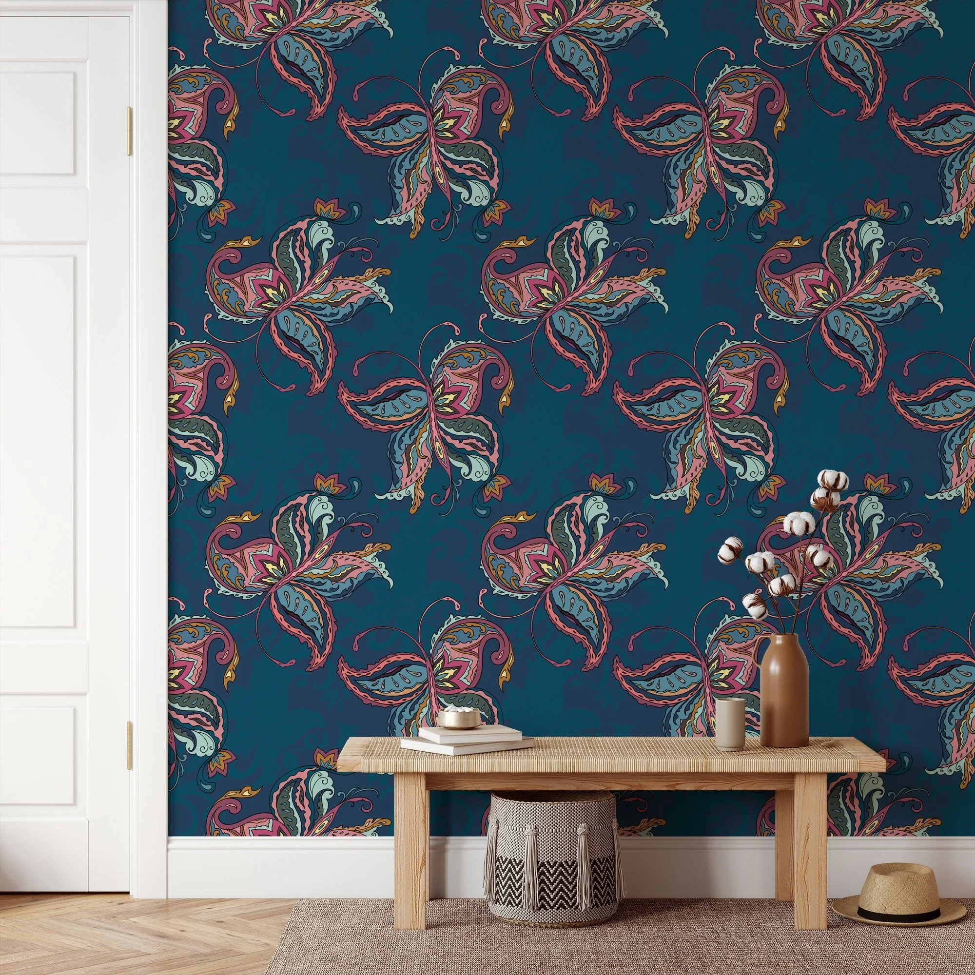 Abstract Paisley Style Butterflies Pattern Wallpaper, Mystical Butterfly Fantasy Peel & Stick Wall Mural