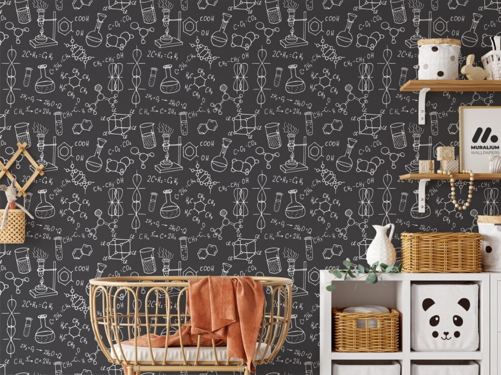 Chalkboard With Chemistry Notes Illustration Wallpaper, Chemistry Lab Design Wallpaper, Science Themed Peel and Stick Wall Mural
