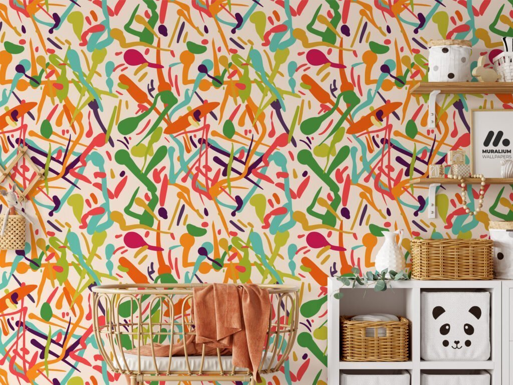 Vibrant Abstract Shapes Wallpaper, Multicolor Peel and Stick Wallpaper, Dynamic Pattern Self Adhesive Wall Mural