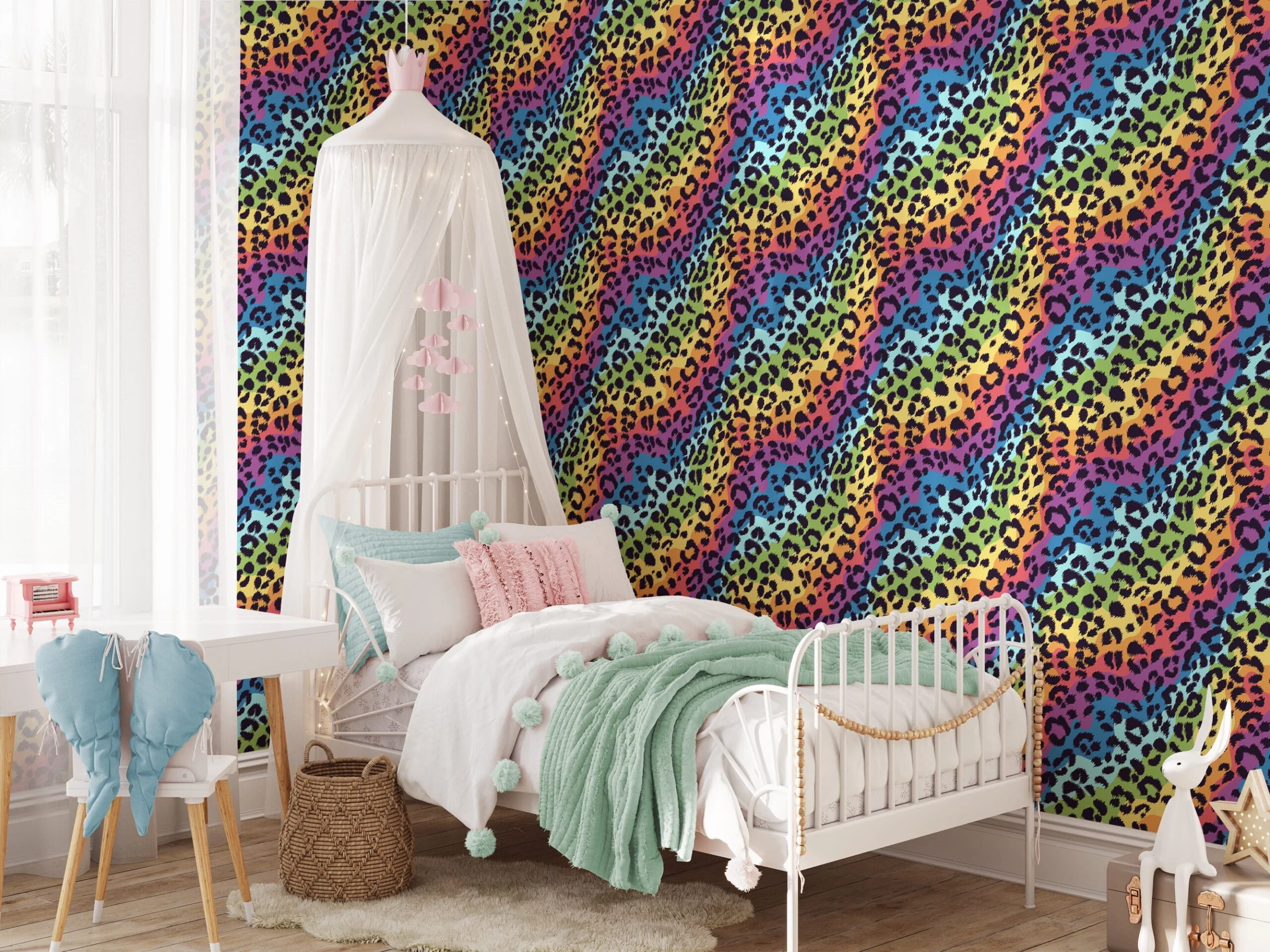Abstract Bright Colors Leopard Pattern Wallpaper, Colorful Animal Pattern Design Peel & Stick Wall Mural