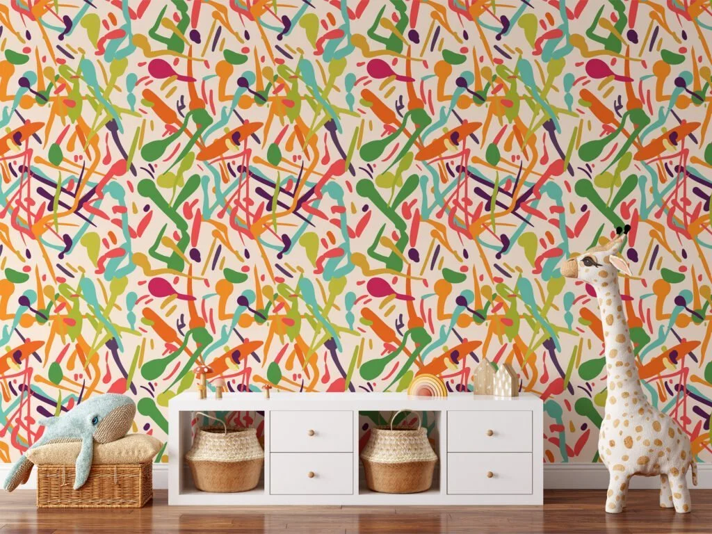 Vibrant Abstract Shapes Wallpaper, Multicolor Peel and Stick Wallpaper, Dynamic Pattern Self Adhesive Wall Mural