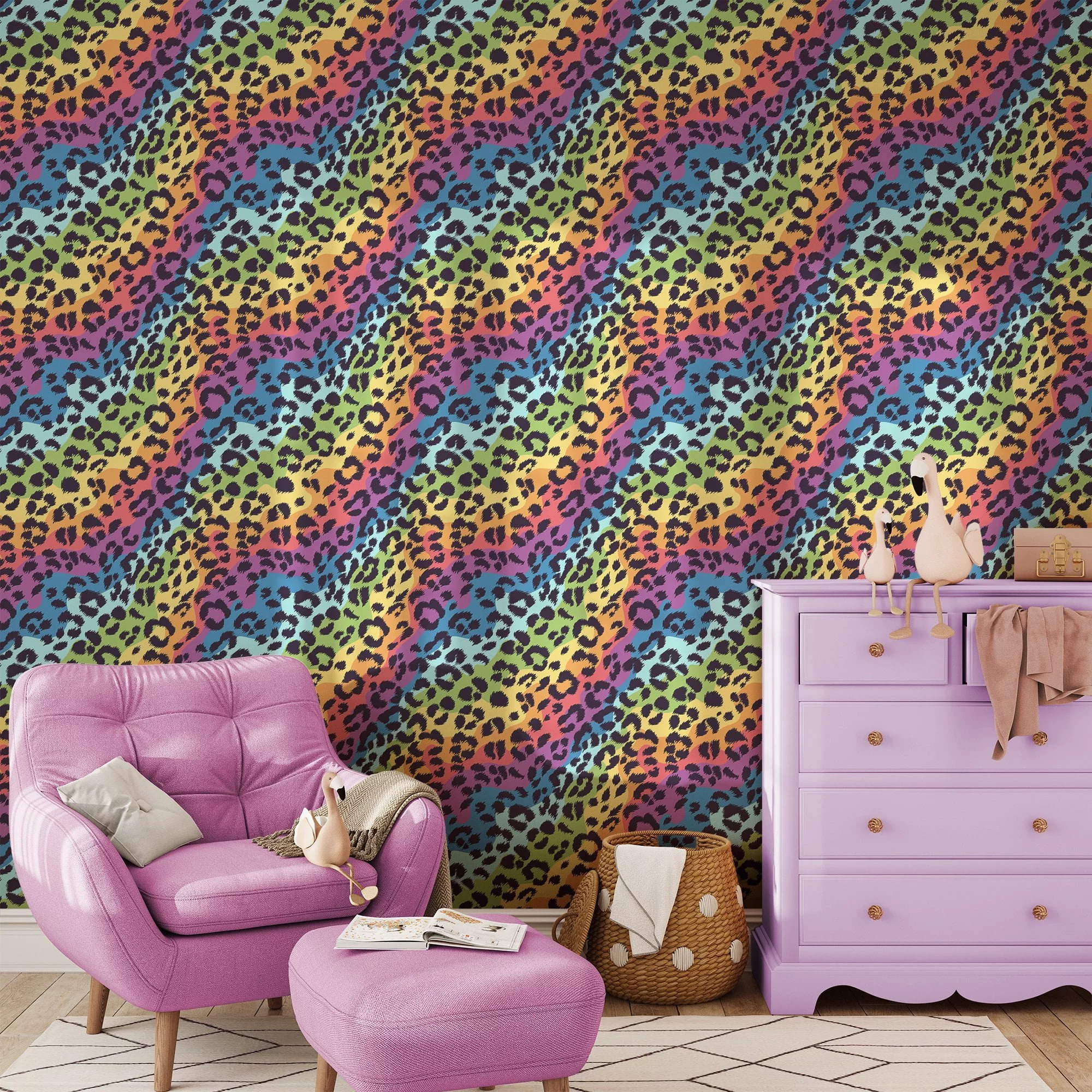 Abstract Bright Colors Leopard Pattern Wallpaper, Colorful Animal Pattern Design Peel & Stick Wall Mural