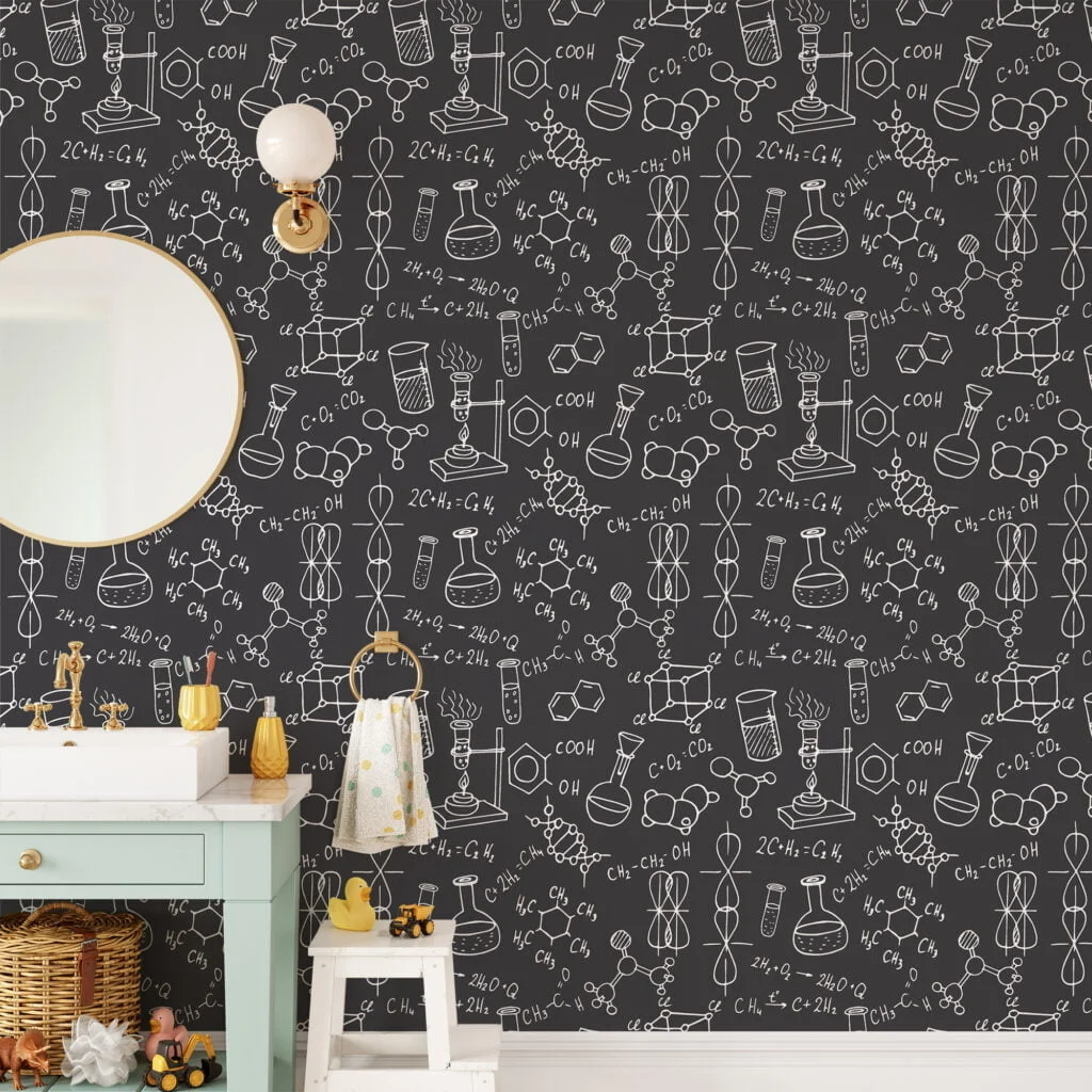 Chalkboard With Chemistry Notes Illustration Wallpaper, Chemistry Lab Design Wallpaper, Science Themed Peel and Stick Wall Mural