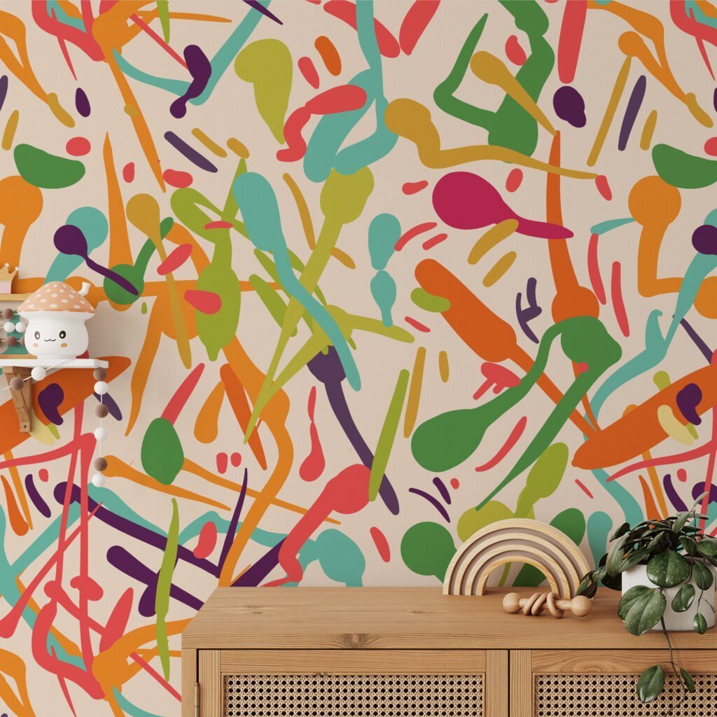 Vibrant Abstract Shapes Wallpaper, Multicolor Peel and Stick Wallpaper, Dynamic Pattern Self Adhesive Wall Mural
