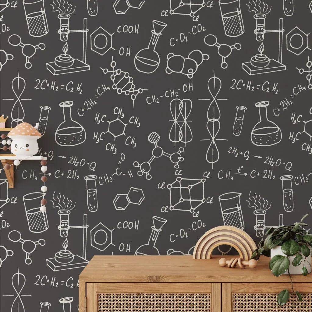 Chalkboard With Chemistry Notes Illustration Wallpaper, Chemistry Lab Design Wallpaper, Science Themed Peel and Stick Wall Mural