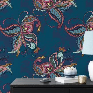 Abstract Paisley Style Butterflies Pattern Wallpaper, Mystical Butterfly Fantasy Peel & Stick Wall Mural