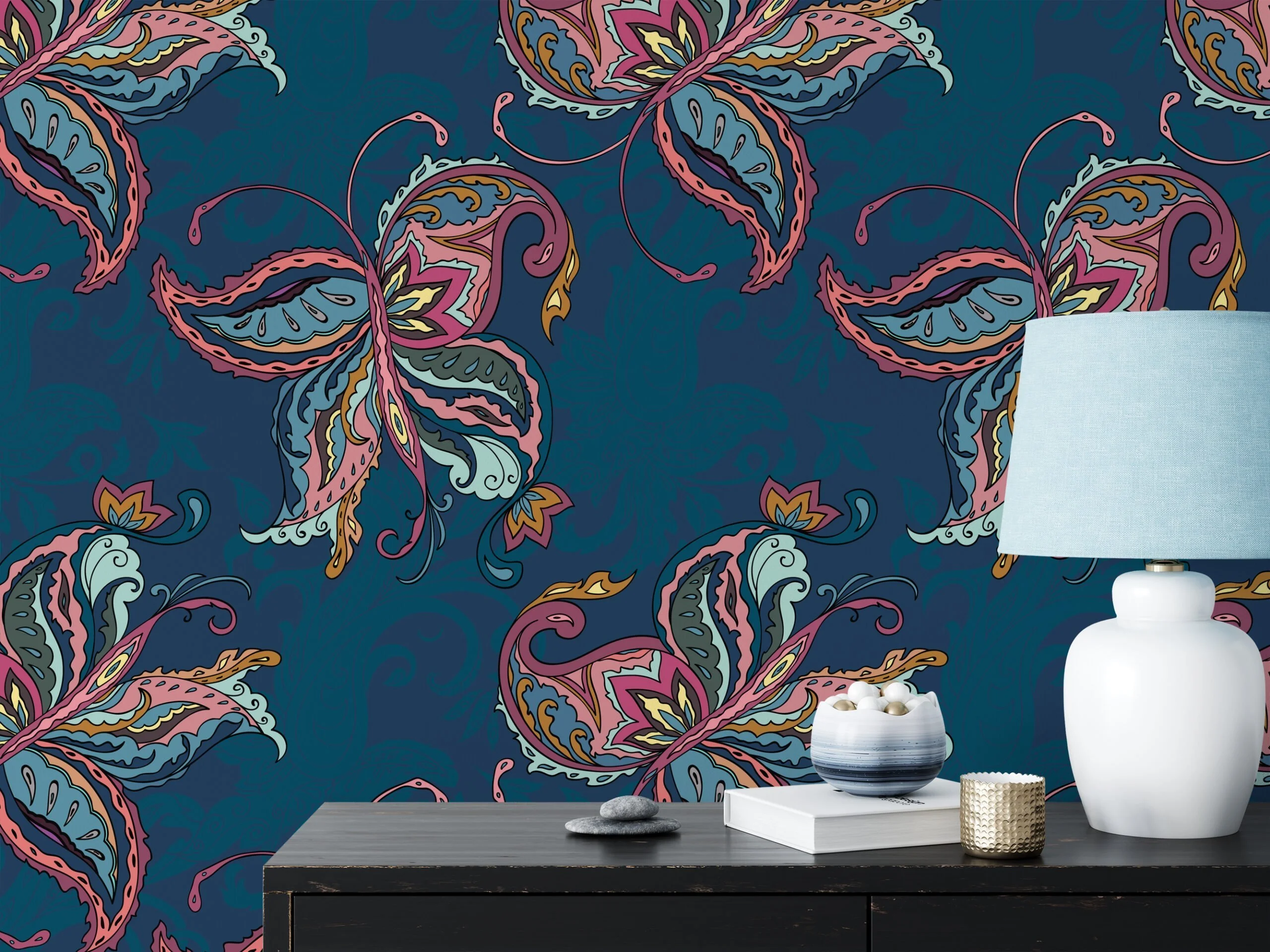 Abstract Paisley Style Butterflies Pattern Wallpaper, Mystical Butterfly Fantasy Peel & Stick Wall Mural