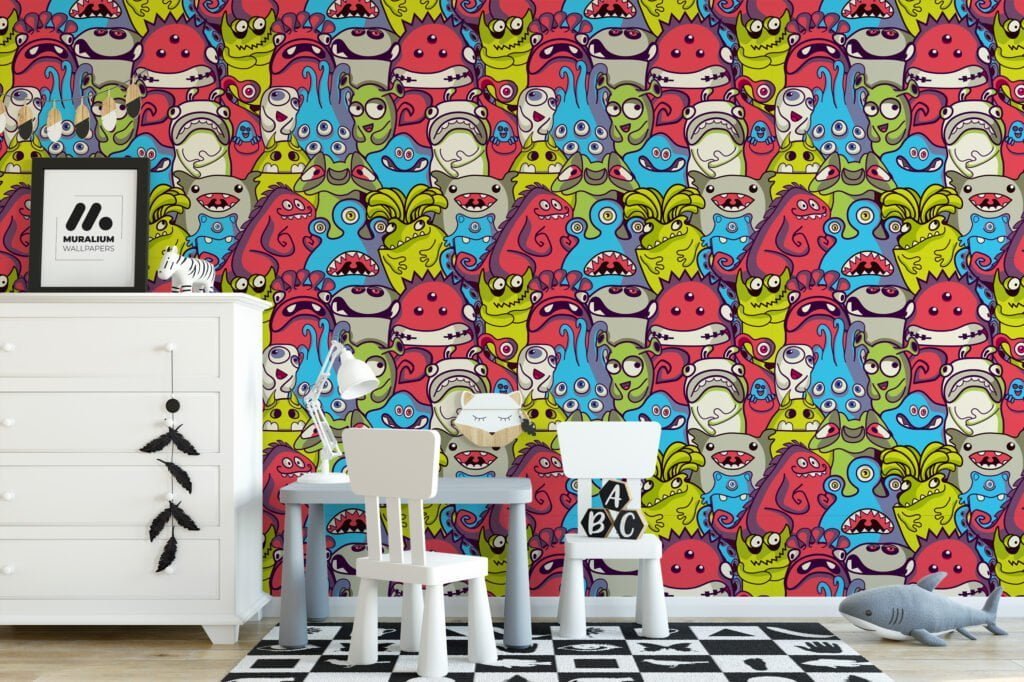 Colorful Cartoon Monsters Illustration for Kids Room Wallpaper, Vibrant Creatures Peel and Stick Wallpaper, Playful Self Adhesive Wall Mural