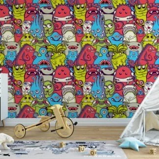 Colorful Cartoon Monsters Illustration for Kids Room Wallpaper, Vibrant Creatures Peel and Stick Wallpaper, Playful Self Adhesive Wall Mural