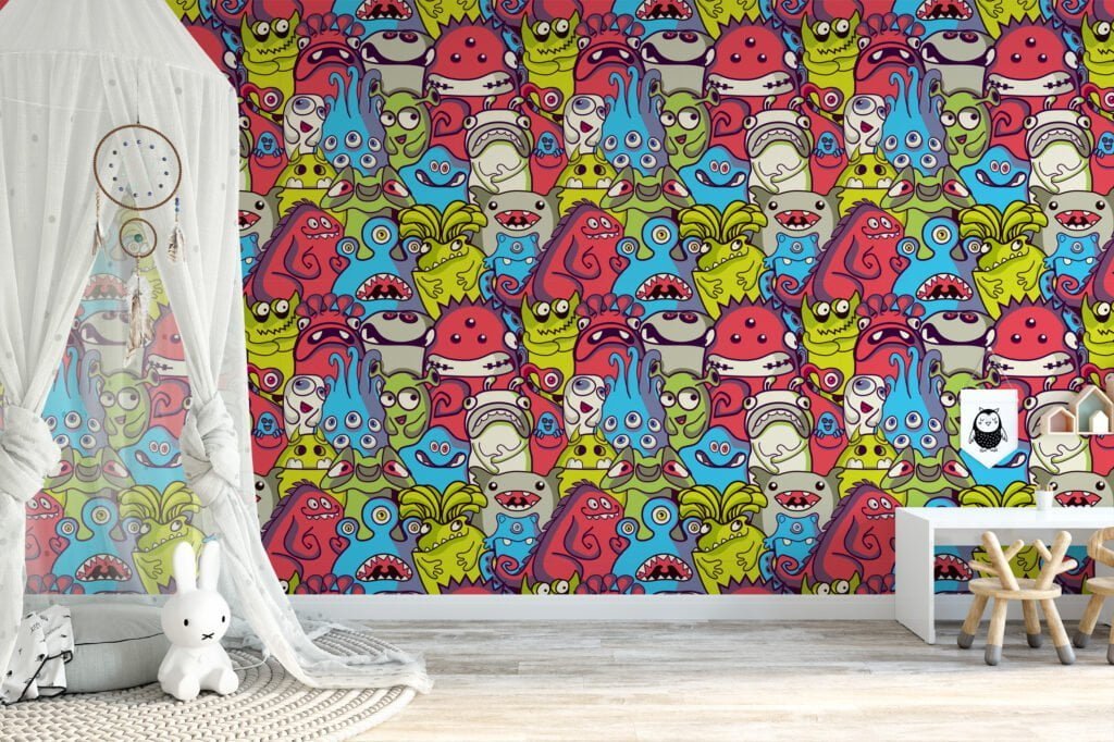 Colorful Cartoon Monsters Illustration for Kids Room Wallpaper, Vibrant Creatures Peel and Stick Wallpaper, Playful Self Adhesive Wall Mural