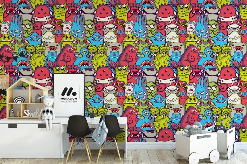 Colorful Cartoon Monsters Illustration for Kids Room Wallpaper, Vibrant Creatures Peel and Stick Wallpaper, Playful Self Adhesive Wall Mural