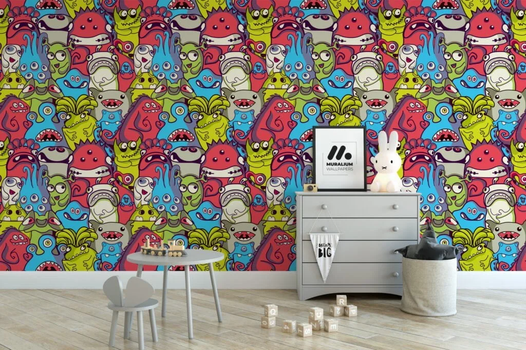 Colorful Cartoon Monsters Illustration for Kids Room Wallpaper, Vibrant Creatures Peel and Stick Wallpaper, Playful Self Adhesive Wall Mural