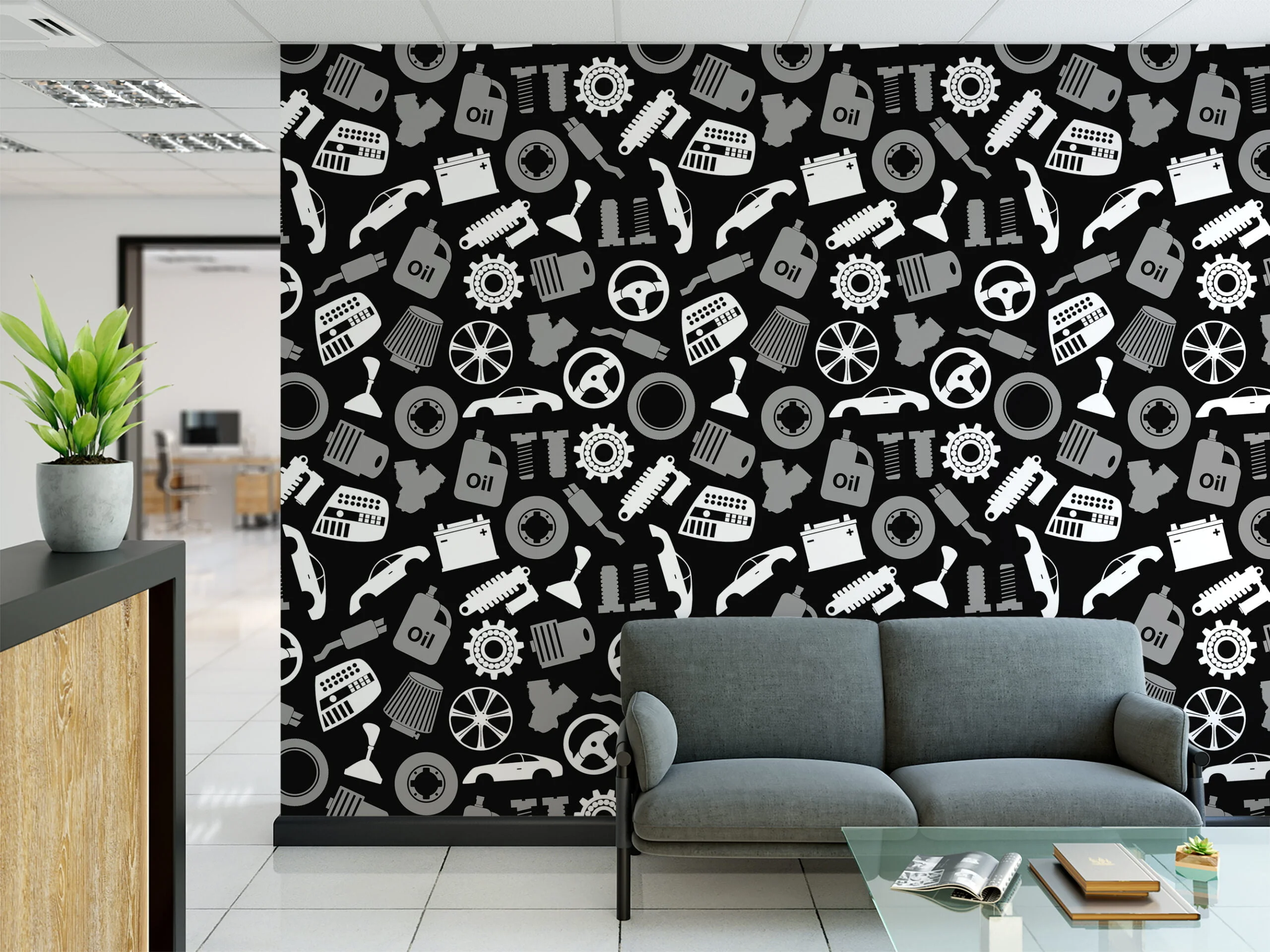 Vehicle Mechanic Tools Flat Art Illustration Wallpaper, Automotive Elements Pattern Wallpaper, Car Parts Peel and Stick Wall Mural