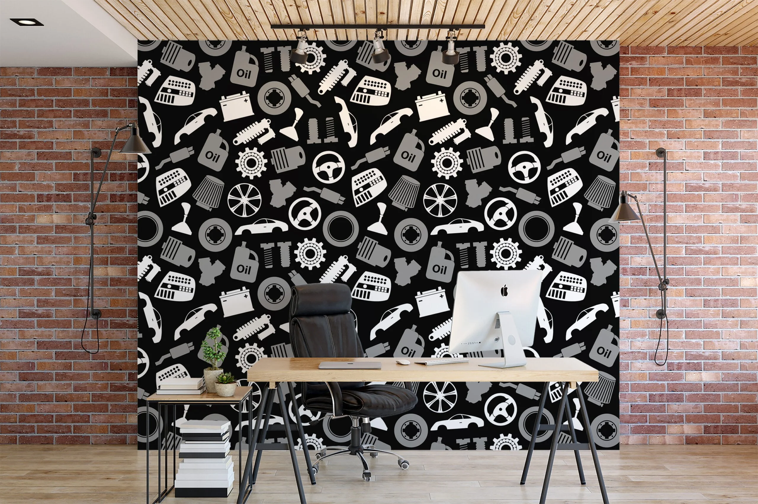 Vehicle Mechanic Tools Flat Art Illustration Wallpaper, Automotive Elements Pattern Wallpaper, Car Parts Peel and Stick Wall Mural