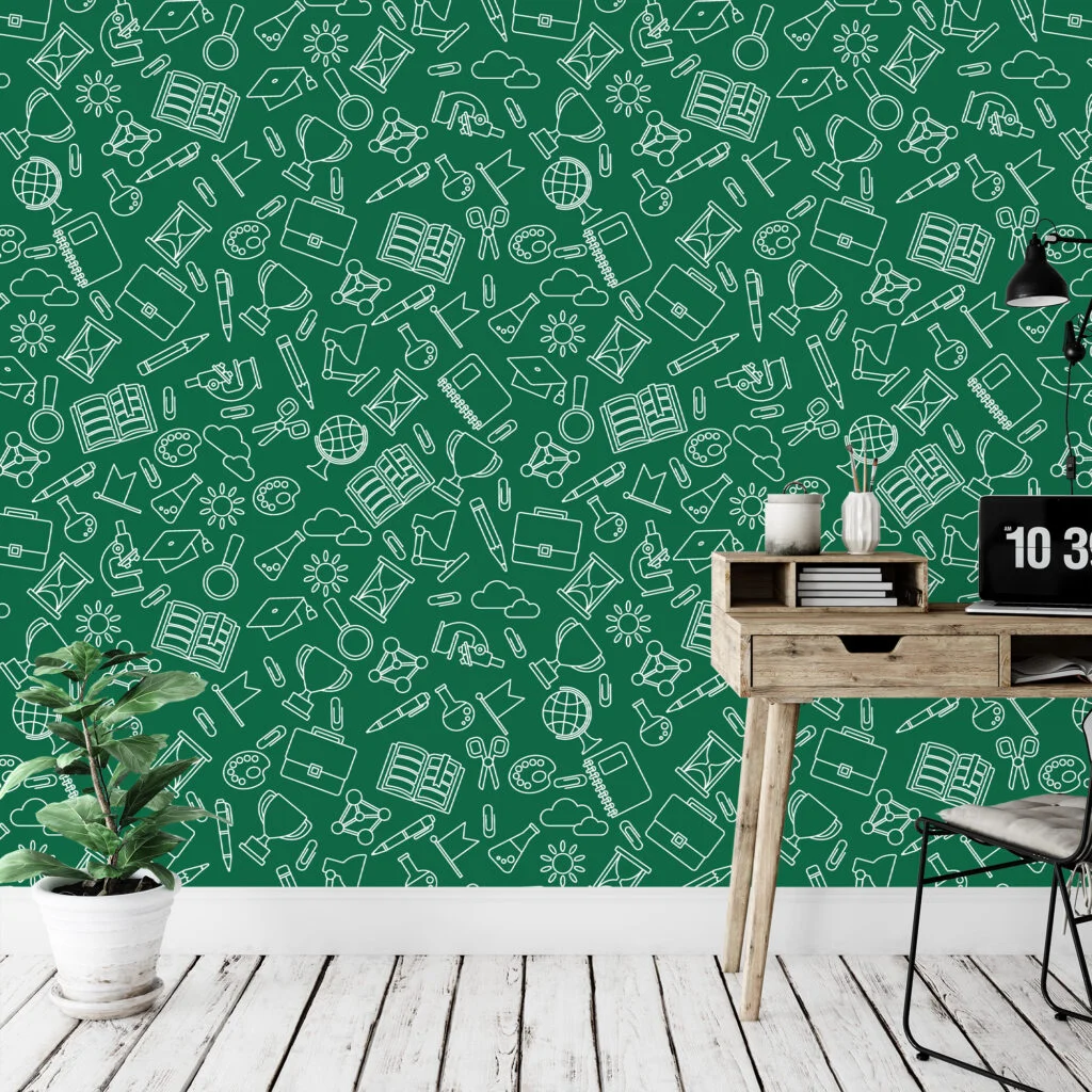 Green School Icons Kids Room Illustration Wallpaper, Green Chalkboard Doodles Peel & Stick Wall Mural