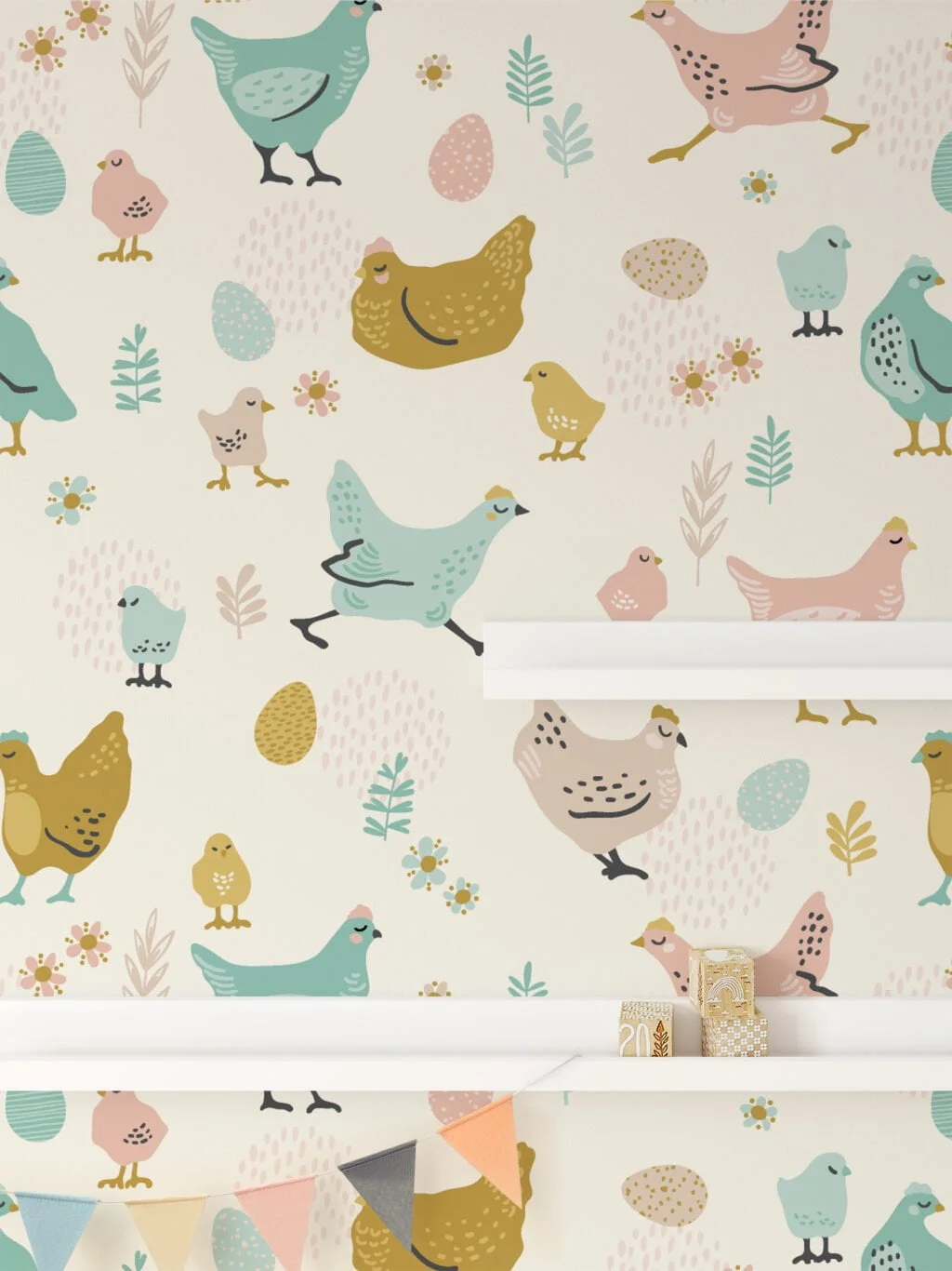 Cute Farm Animal Chickens With Eggs Illustration Wallpaper, Whimsical Nursery Room Peel & Stick Wall Mural