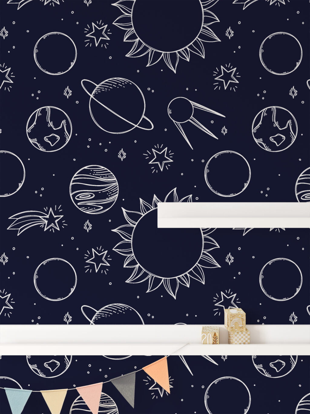 Planets And Space Line Art Design Wallpaper, Navy Cosmic Pattern Peel & Stick Wall Mural
