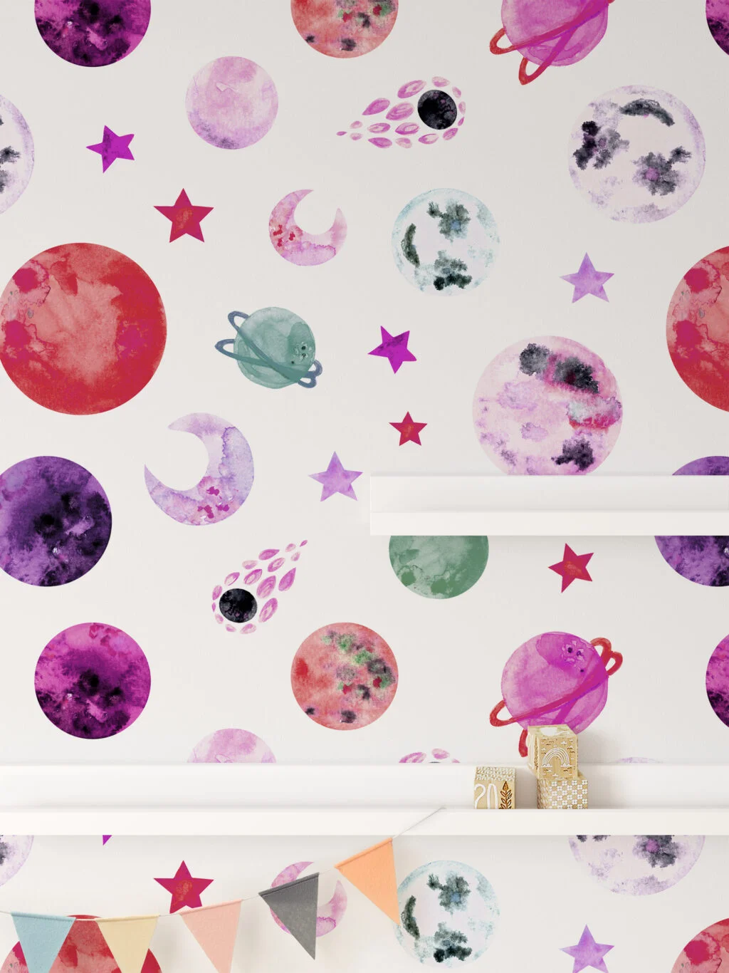 Watercolor Style Colorful Planets And Meteors Illustration Pattern Wallpaper, Galactic Dreams Peel & Stick Wall Mural