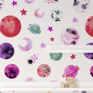 Watercolor Style Colorful Planets And Meteors Illustration Pattern Wallpaper, Galactic Dreams Peel & Stick Wall Mural