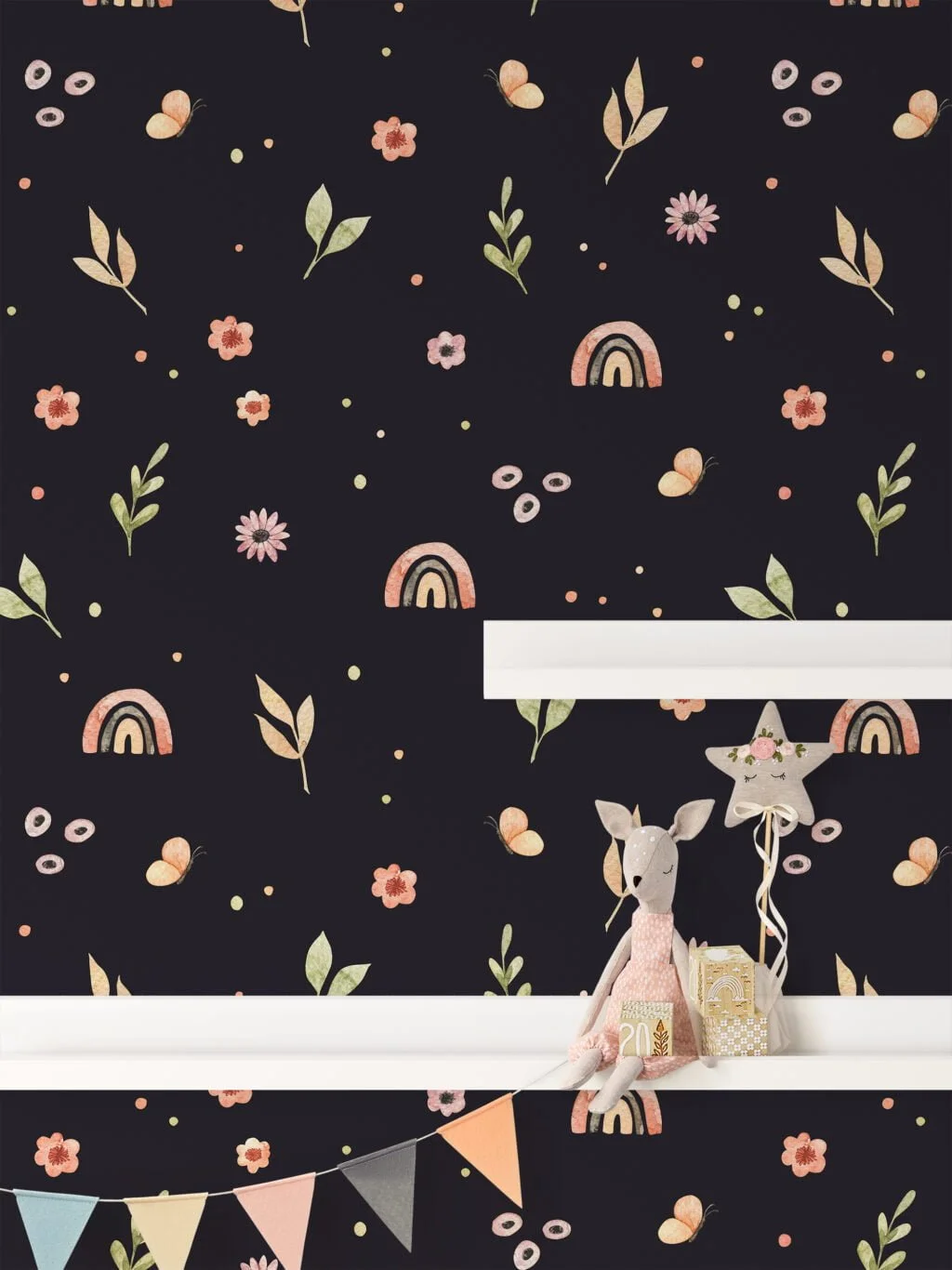 Watercolor Style Rainbows And Flowers Pattern Wallpaper, Whimsical Florals on Midnight Black Peel & Stick Wall Mural