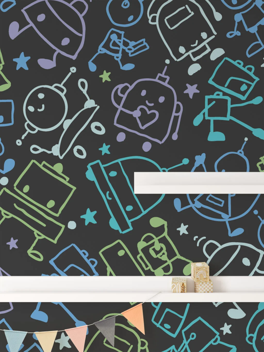 Cute Hand Drawn Playroom Robots Nursery Wallpaper, Galactic Doodle Kids Peel & Stick Wall Mural