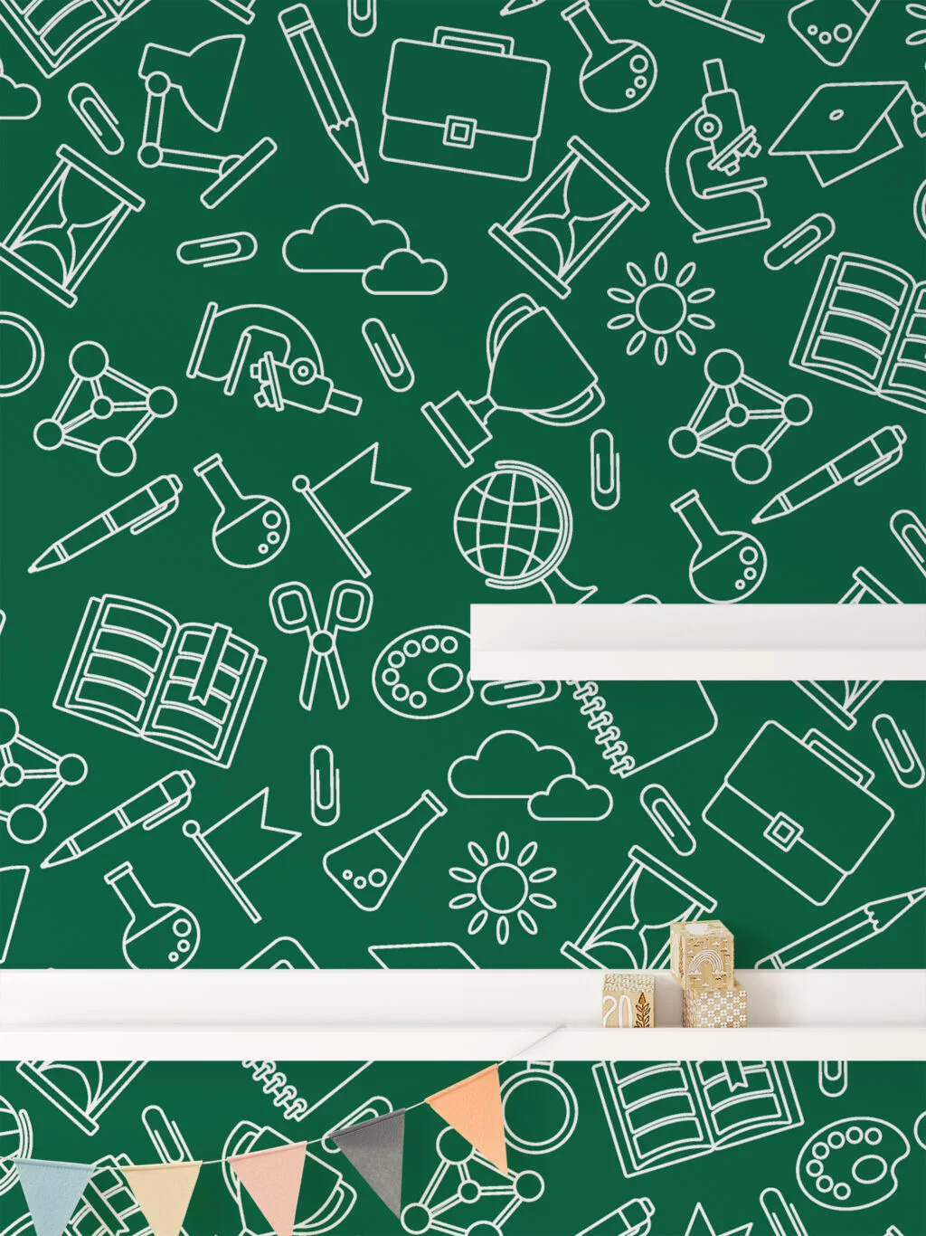 Green School Icons Kids Room Illustration Wallpaper, Green Chalkboard Doodles Peel & Stick Wall Mural