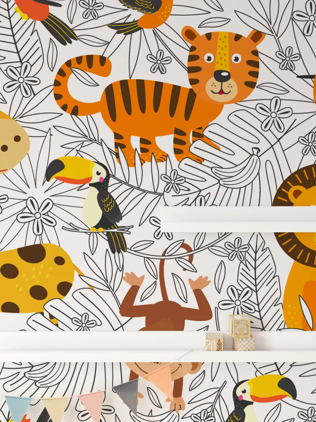 Cartoon Kids Tropical Illustration With Animals Wallpaper, Jungle Safari Kids Peel & Stick Wall Mural