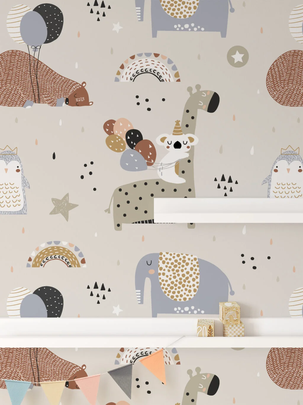 Cute Nursery Sleepy Animals With Muted Colors Pattern Illustration Wallpaper, Gentle Animal Children Peel & Stick Wall Mural