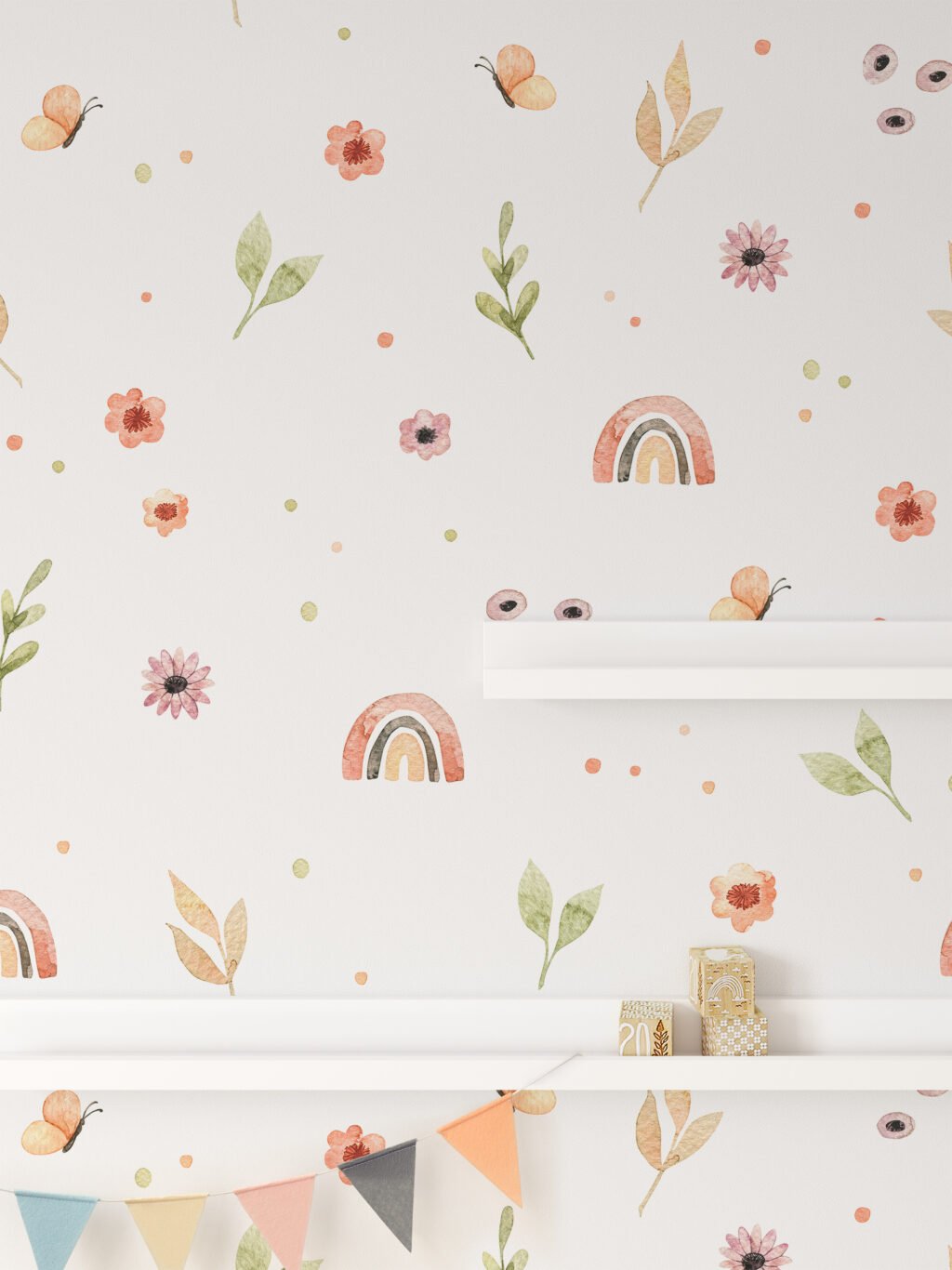 Watercolor Style Nursery Rainbows And Flowers Pattern Wallpaper, Soft Watercolor Florals Peel & Stick Wall Mural