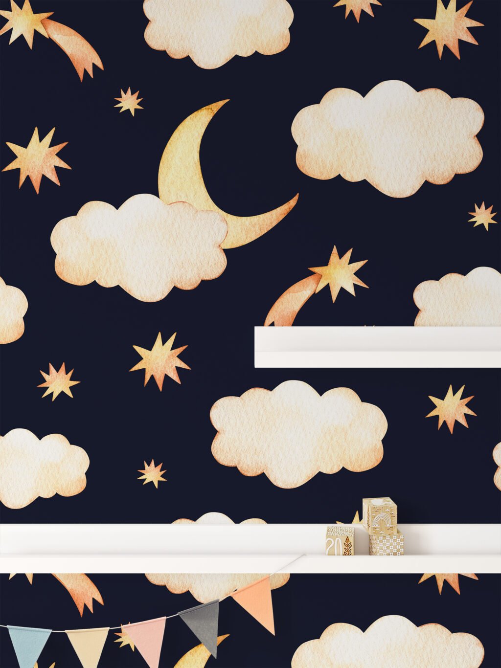 Watercolor Nursery Moon Night Clouds With Stars Illustration Wallpaper, Night Sky Dreams Peel & Stick Wall Mural