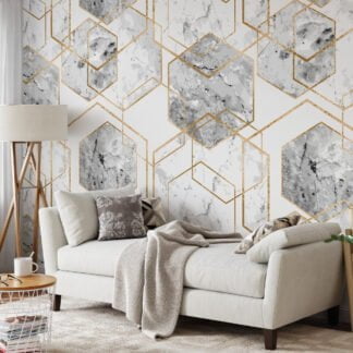 Geometric Wallpaper With Grey Watercolor Style Hexagons, Luxurious Gold Marble Peel & Stick Wall Mural