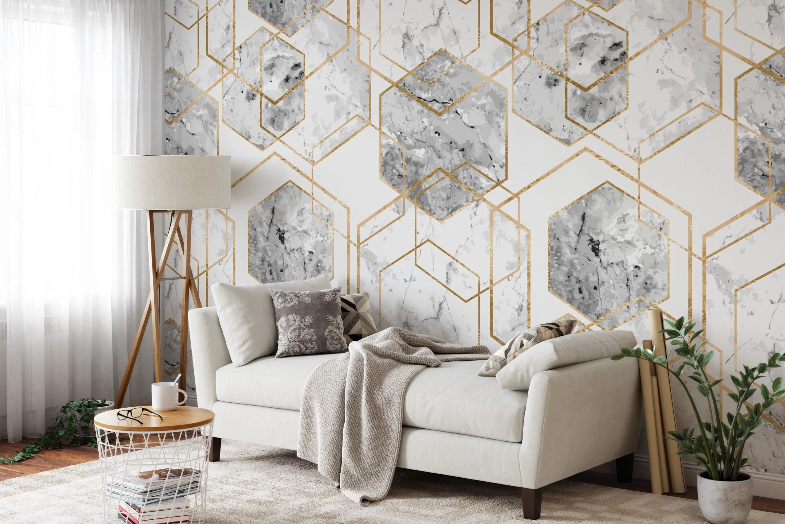 Geometric Wallpaper With Grey Watercolor Style Hexagons, Luxurious Gold Marble Peel & Stick Wall Mural
