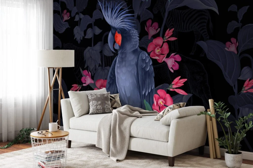 Dark Midnight Blue Large Parrot With Pink Flowers Wallpaper, Elegant Tropical Peel & Stick Wall Mural