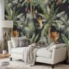 Watercolor Style Tropical Wallpaper With Exotic Animals And A Dark Background, Lush Dark Jungle Peel & Stick Wall Mural