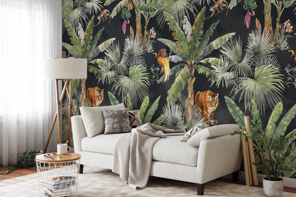 Watercolor Style Tropical Wallpaper With Exotic Animals And A Dark Background, Lush Dark Jungle Peel & Stick Wall Mural