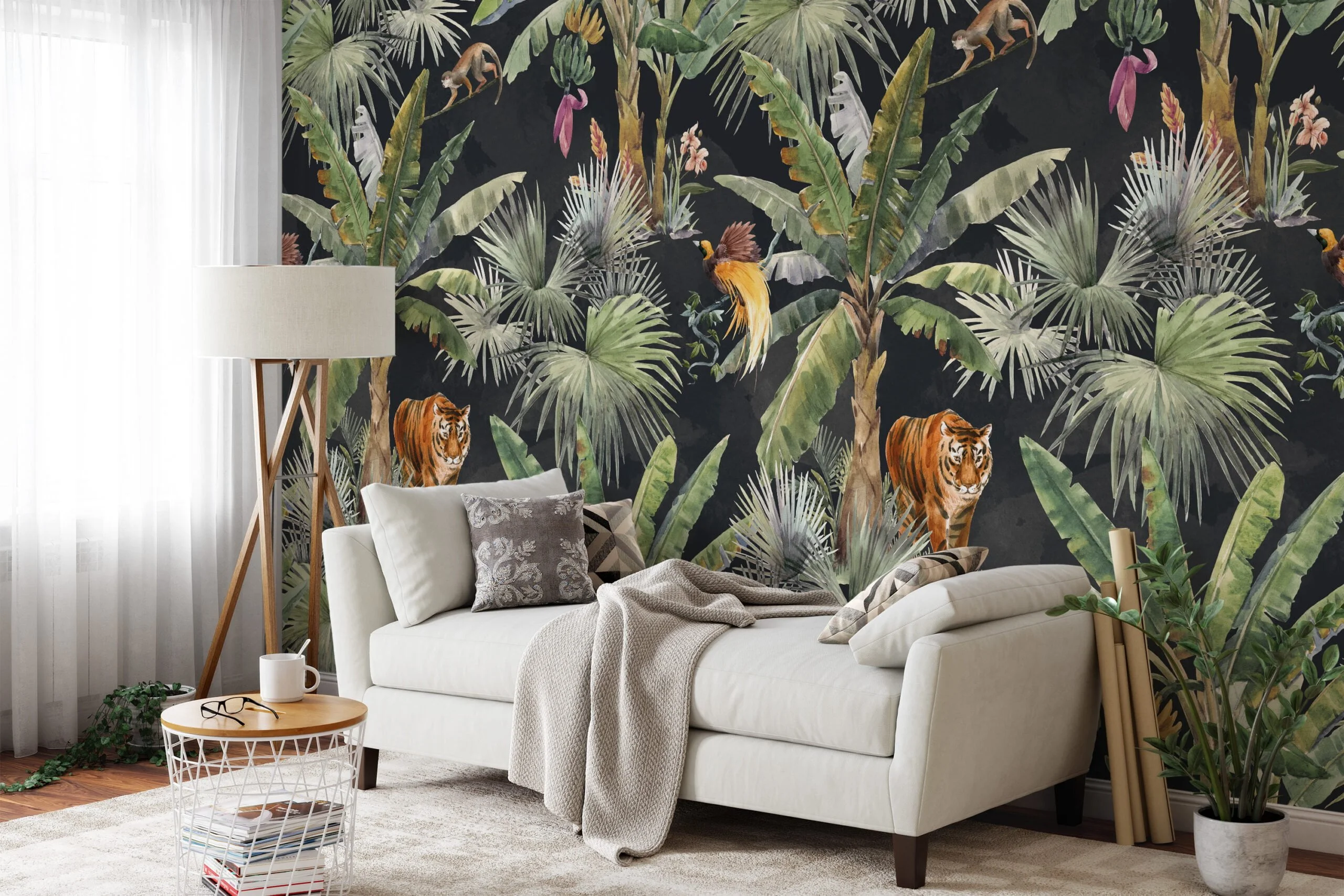 Watercolor Style Tropical Wallpaper With Exotic Animals And A Dark Background, Lush Dark Jungle Peel & Stick Wall Mural