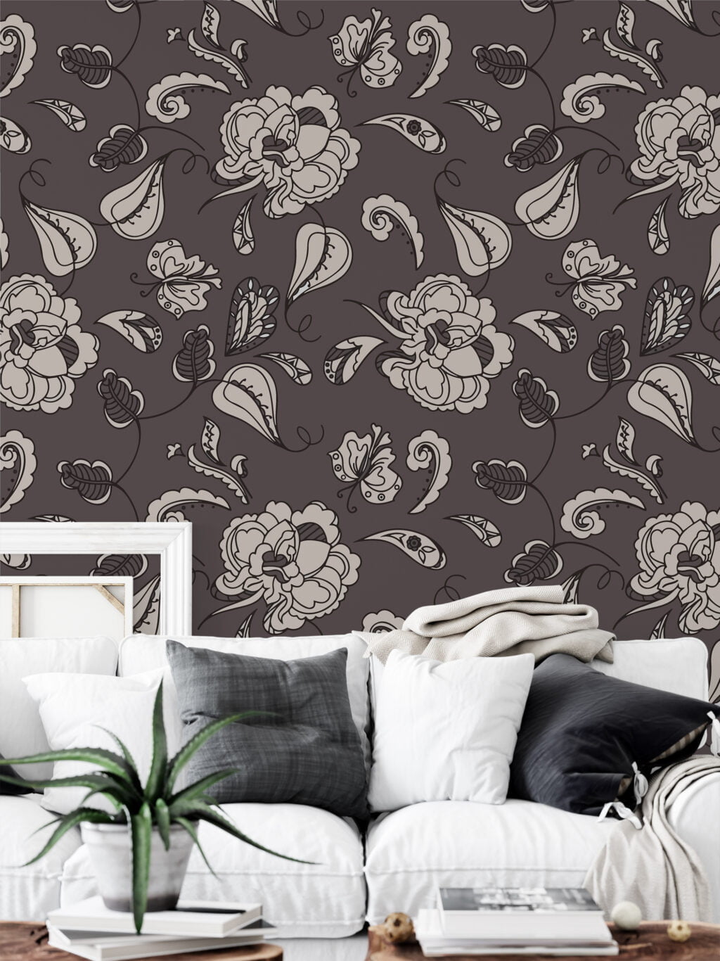 Abstract Paisley Vintage Style Wallpaper, Elegant Monochrome Floral Peel & Stick Wall Mural