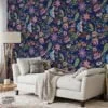 Colorful Floral Paisley Illustration Wallpaper, Opulent Navy Garden Peel & Stick Wall Mural