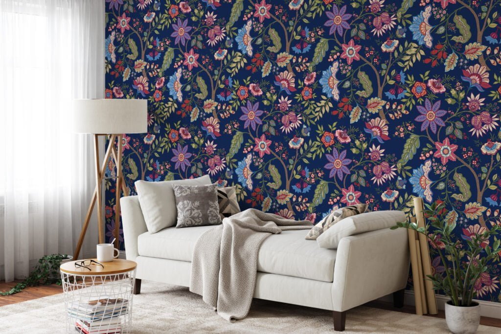 Colorful Floral Paisley Illustration Wallpaper, Opulent Navy Garden Peel & Stick Wall Mural