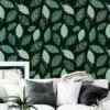 Dark Green Leaves With White Outlines Illustration Wallpaper, Serene Green Leaf Design Peel & Stick Wall Mural